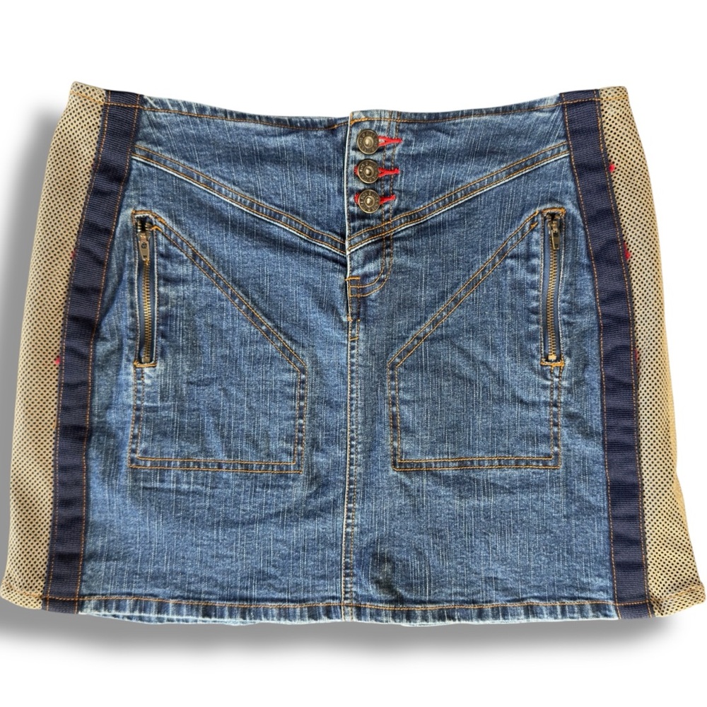 Y2K Blue Denim Mini Skirt Jukebox Stretch Mesh‎ Panels Zipper Pockets Buttons 9